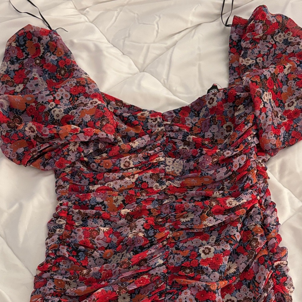 Zara Multicolor Floral Ruched Mini Dress